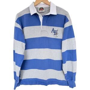 Barbarian Rugby Shirt Mens L Blue Gray Striped AF Logo Long Sleeve Heavy Cotton